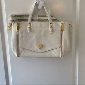 Joy Mangano “Joy Chic”White Leather Satchel, Handbag With RFID NWOT